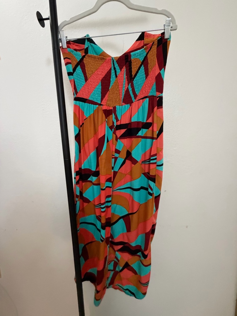 Strapless Geometric Print Midi Dress in Coral, Teal & Brown - Picture 3 of 5